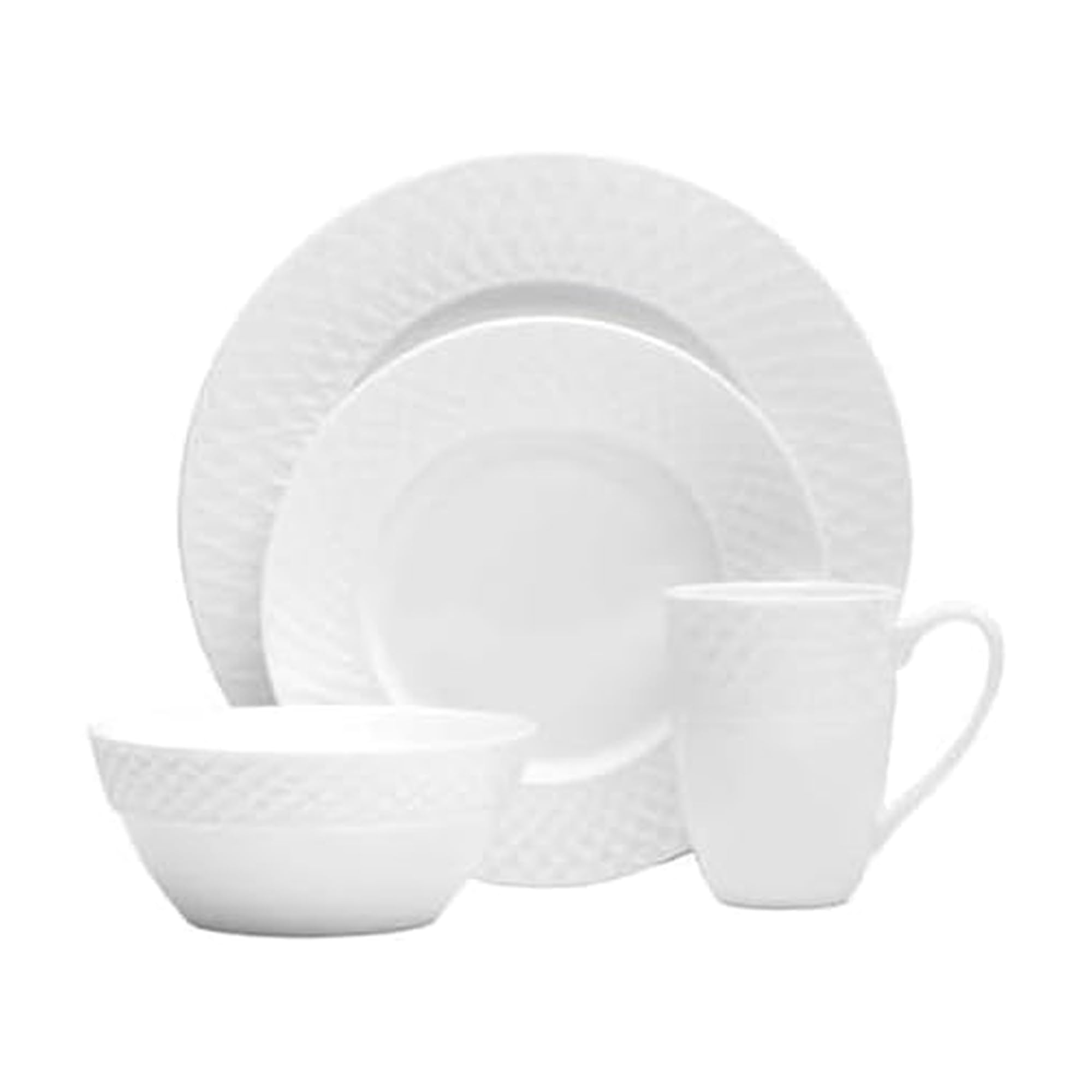 Mikasa Trellis Bone China 16-Piece Dinnerware Set, Service for 4, White Lightweight Porcelain with Textured Design, Chip-Resistant and Dishwasher Safe