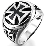 INBLUE Men's Stainless Steel Ring Silver Tone Black Cross Size11