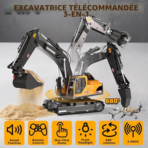 GraceDuck 3-in-1 Remote Control Excavator, 2.4 GHz with Sound & Light Functions – 680° Rotation and 3 Interchangeable Accessories, Suitable for Various Terraines, Ideal Toy for Children aged 6-12