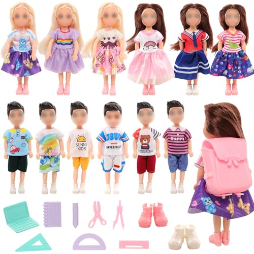 Miunana 17 PCS 5.3 Inch Girls and Boys Doll Clothes Outfits and Shoes Girl Doll Backpack Study Tools for 5.3 Inch Girl Dolls Sister Doll Clothes and Accessories Mini Girl Doll Random Fashion Clothes