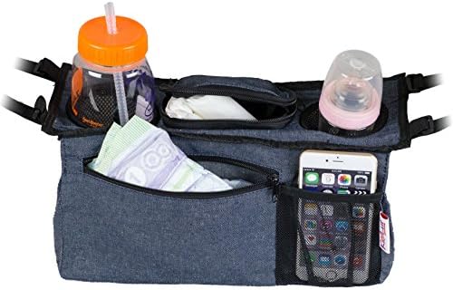 Universal Stroller Organizer Bag By KidLuf - 2 Cup Holders &amp; Accessories Storage Bag for Strollers - With Mesh Pocket for Cell Phone (Denim)