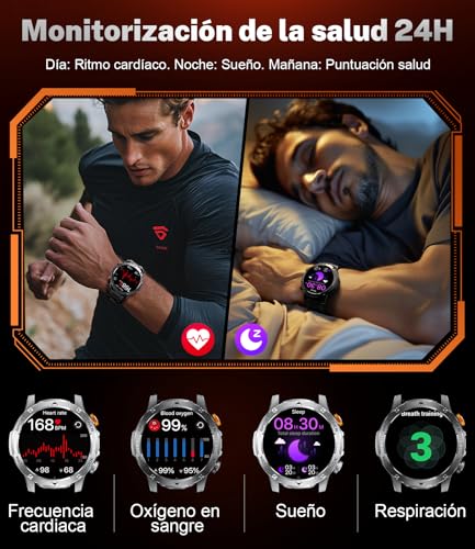 Reloj Inteligente Hombre, 1000mAh, Pantalla 1.75''HD, Smartwatch Diseño Militar, Llamada Bluetooth, 130+Deportivos, IP68 Resistente Agua Smart Watch, Monitoreo Cardíaco Sueño, Android iOS, Negro mate