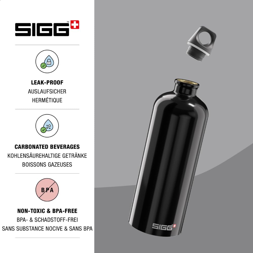 SIGG - Alu Trinkflasche - Traveller Schwarz - Klimaneutral Zertifiziert - Für Kohlensäurehaltige Getränke Geeignet - Auslaufsicher - Federleicht - BPA-frei - Outdoor - 1L 3