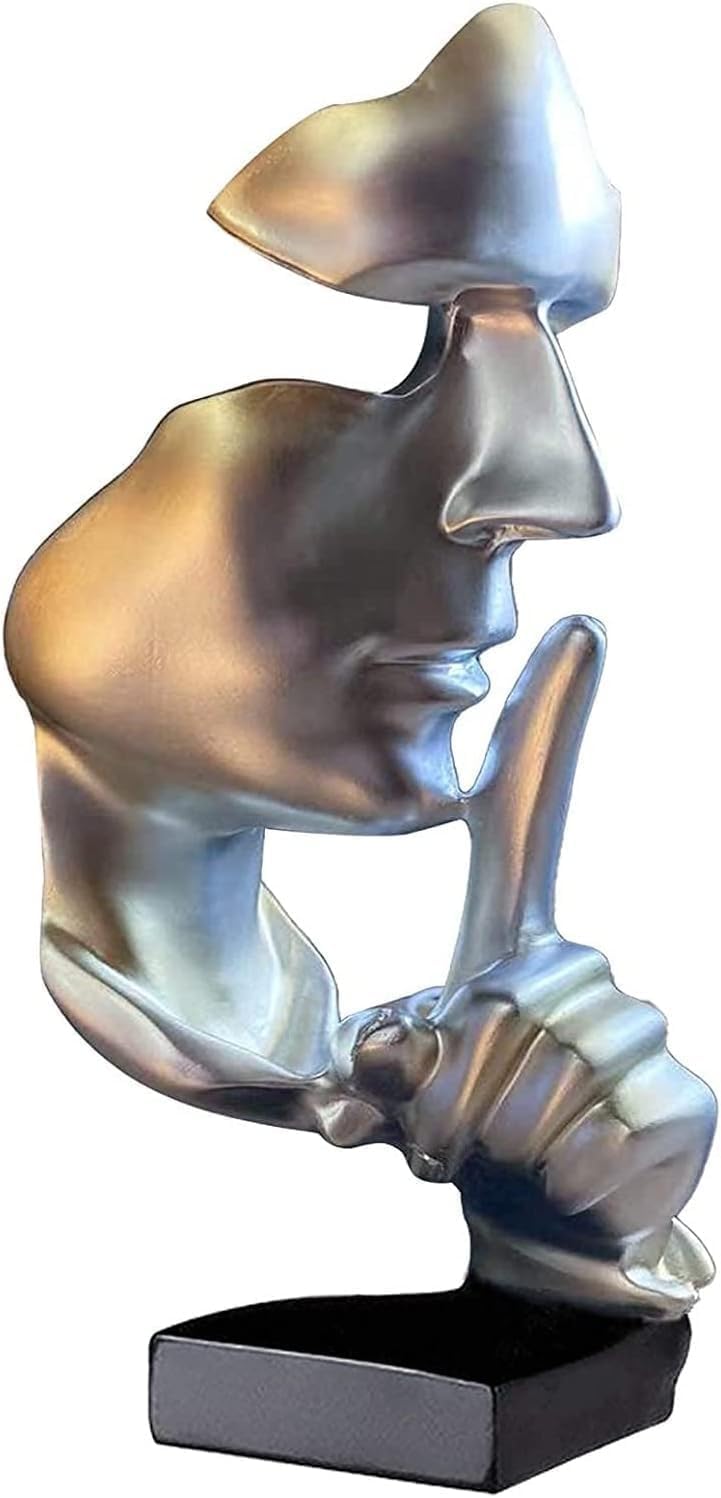 Huhote Thinker Statue, Silence is Gold Abstract Art Sculpture, Ponder Statue, Creative Resin Figurine, Modern Home Ornament, Decoration for Home Room Study Office Table Shelf (Silver)