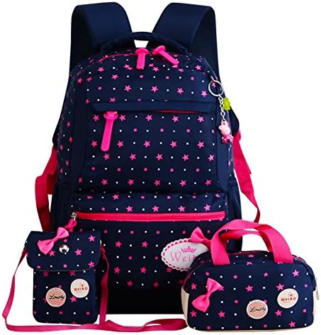 Polka Dot Cute Colorful Kids Backpack Waterproof School Bag for Primary Girls Student (star-navy blue &amp; rose)