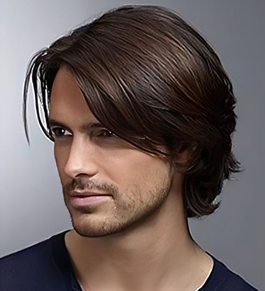 Salaibs Mens Brown Short Wig Straight Side Part Natural Synthetic Male Guy Hair Wig for Daily Party Use