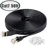 Cat7 Ethernet Cable, 50 Ft Network Cable for Xbox PS4, High Speed Flat Internet Cord with Clips Rj45 Snagless Connector Fast Computer LAN Wire for Gaming, Switch, Modem, Router, Coupler, Black