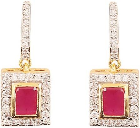 SunSoul Diamond Look Geometric Rectangular Shape Lipstick Red Faux Ruby and Cubic Zirconia Earrings in Gold and Silver Tone for Women.