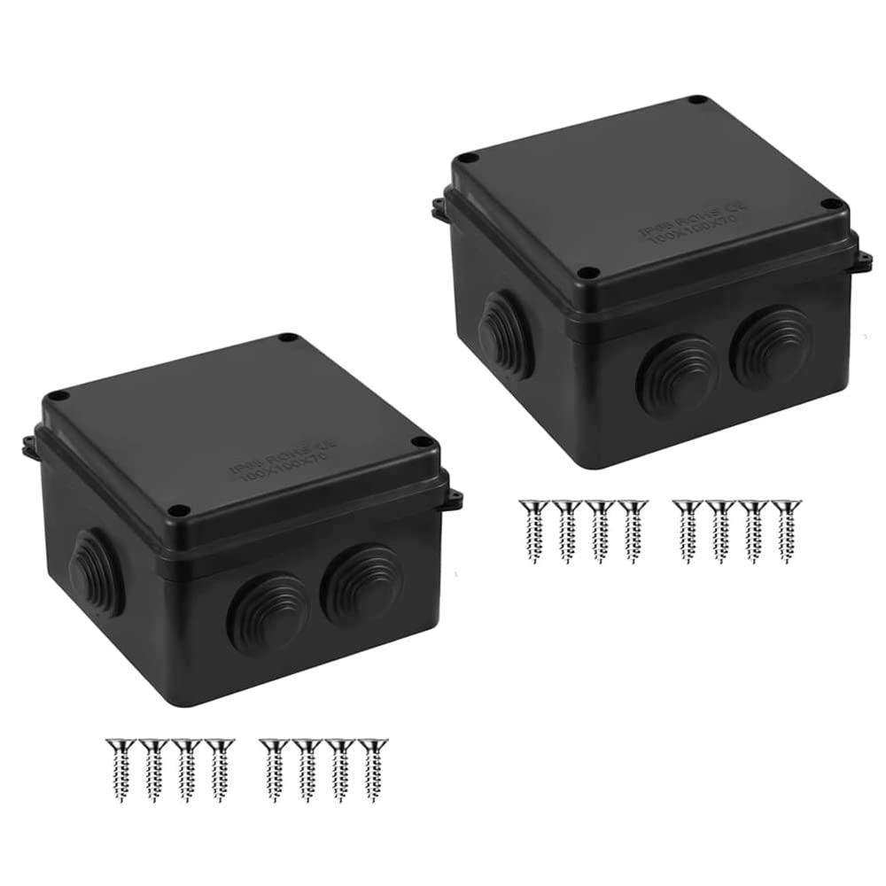 2 x IP65 Junction Boxes, ABS Plastic Outdoor External Electrical Enclosure Box, Universal Weatherproof Surface Mounted CCTV Junction Boxes (100x100x70mm) – AVARTEK (Black)