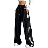 Verdusa Women's Cargo Pants Baggy Straight Wide Leg Track Pants Striped Joggers with Pockets Athletic Streetwear