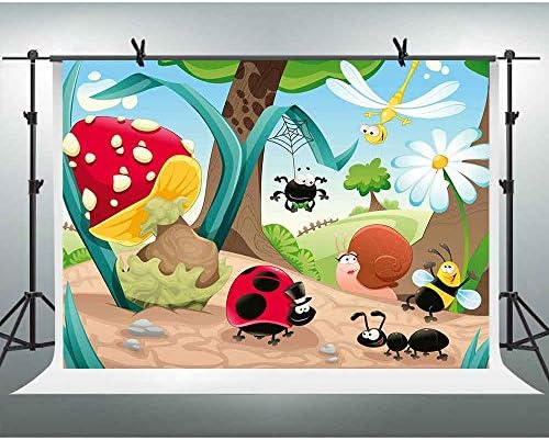 FHZON 10x7ft Cartoon Fairy Photography Background Mushroom Spider Snail Snail Bee Ant Ladybug Backdrop Baby Newborn Shower Party Wallpaper Photo Studio Props ZYFH247