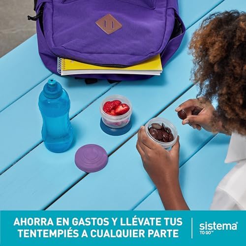 Snack Pots Mini Bocados PARA LEVAR | 130 ml | Lancheiras empilháveis para snacks com tampas | Afunilamento Plástico | Tapas verde-rosadas e azuis | 3 unidades