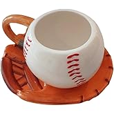FORLONG Ceramic Large Coffee Mug and Saucer set, 3D Handmade and Hand-painted Baseball and Gloves Design Tea Mug, 12oz