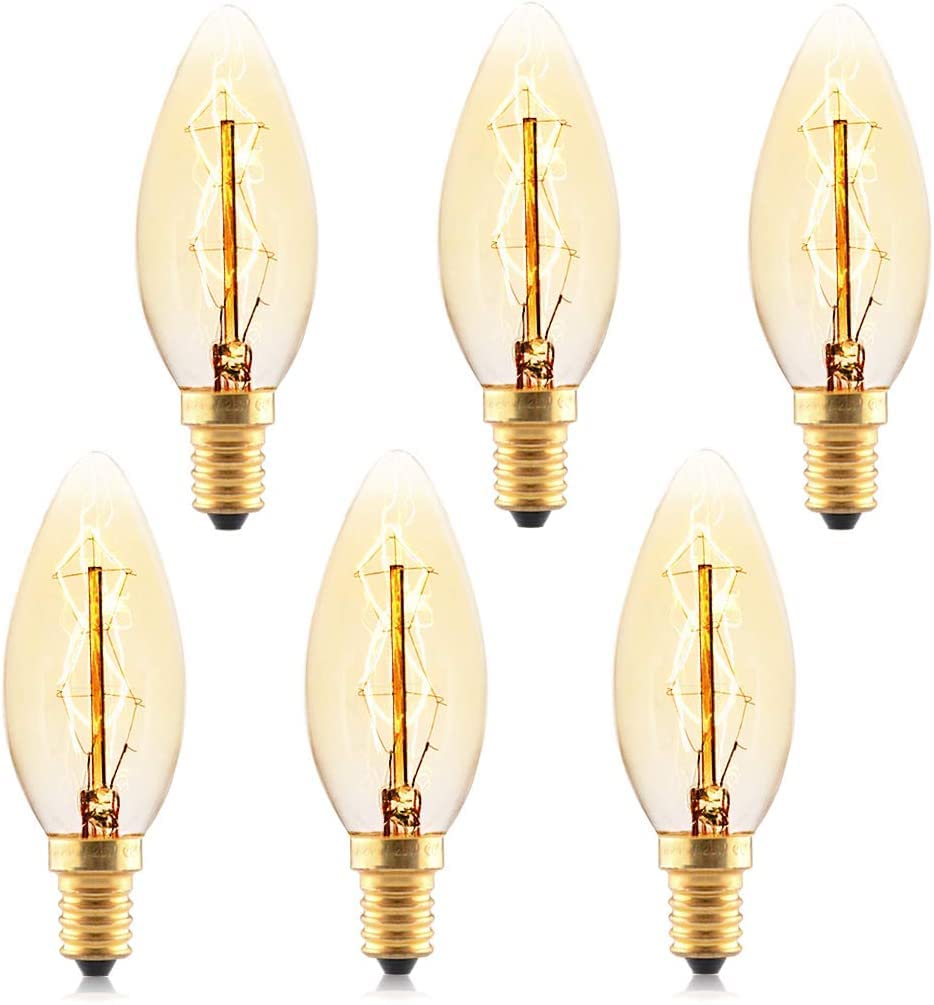 Vintage Light Bulb E14 25W, Pack of 6 Dimmable E14 SES Small Screw Bulbs, Decorative Filament Bulbs Warm White 2700K