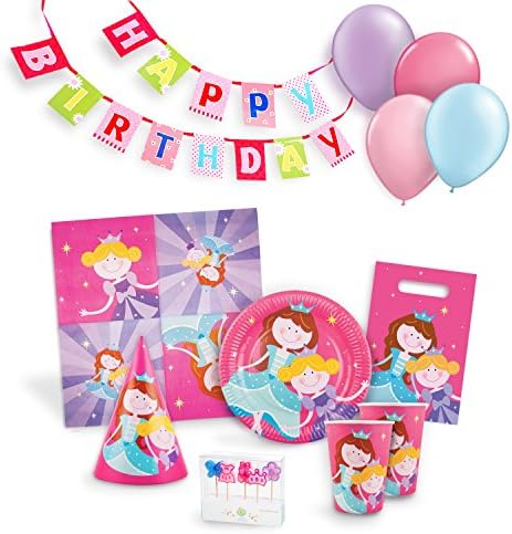 Fairytale Party Supplies Set for 12 - Birthday Party Kit for Girls Includes Cups, Plates, Napkins, Balloons, Hats, Favor Bags, Candles and Banner