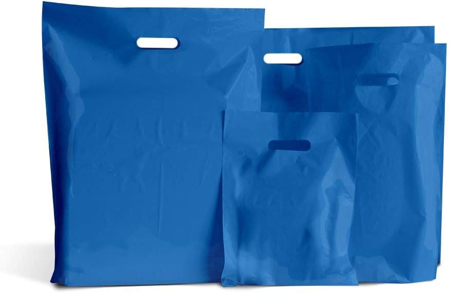 100 Royal Blue Plastic Carrier Bags Medium 10'' x 16'' + 4'' Plastic Shopping Bags Reusable Retail Market Traders Fashion Colored Carriers