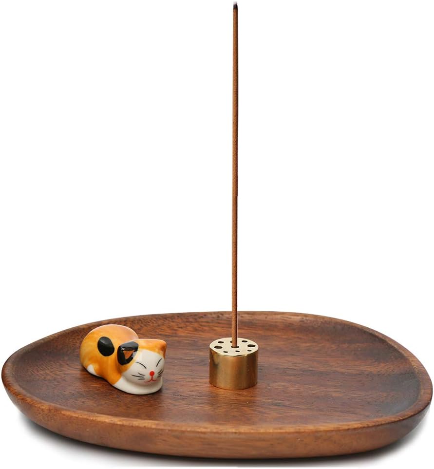 YKB Wooden Incense Stick Holder Cute Ceramic Cat Incense