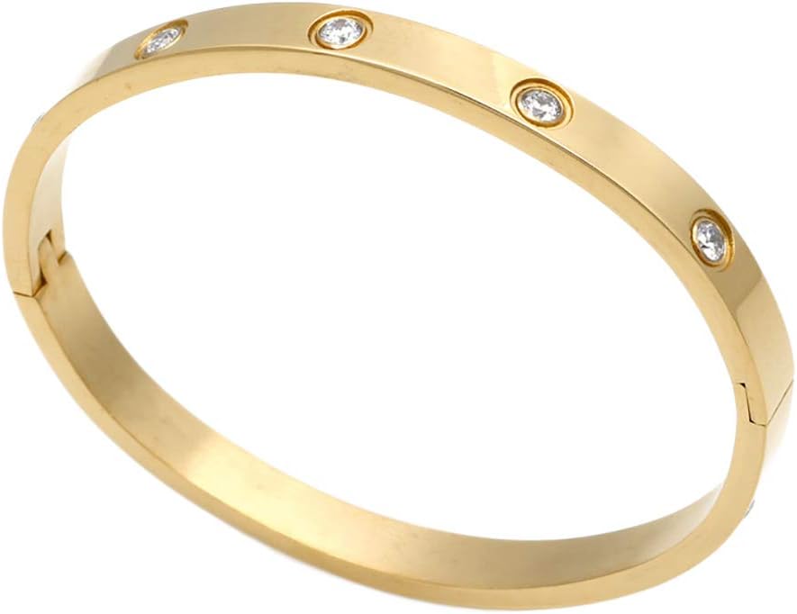Luxury Gold -Plated Stainless Steel with CZ Stone Simple Style Love Bangle Bracelet for Women Men