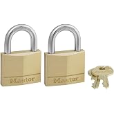 Master Lock Brass Padlock with Key,140T Solid 2 Pack | Solid Body Brass Padlock Outdoor, Resists corrosion; Keyed Alike Pair, 1-9/16 in Body, 7/8 in Shackle