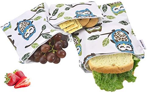 Reusable Snack Bags, Reusable Sandwich Bags-Pack of 3, FDA Passed Food Safe Fabric Snack Bags for Kids, Better Alternative to Single-Use Plastic Bags, Save Money & Protect Environment - Sleeping Owl