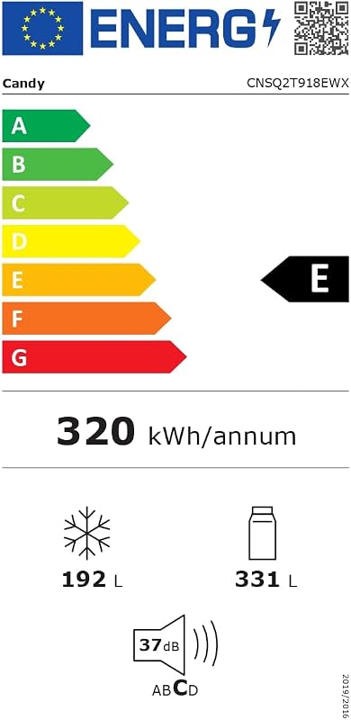 CNSQ2T918EWX, frigorífico lado a lado, 91cm de largura, capacidade de 523L, motor inversor, total sem gelo, dispensador de água, 2 gavetas para legumes, controlo digital interno, iluminação LED, 37DB, Inox