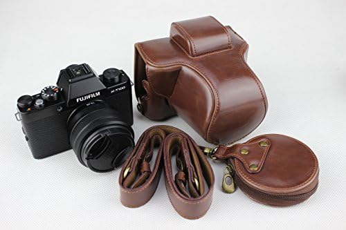BolinUS X-T100 Case, Handmade PU Leather Full Body Camera Case Bag Cover for Fujifilm Fuji X-T100 XT100 15-45 mm Lens Bottom Opening Version, Neck Strap, Mini Storage Bag (Coffee)
