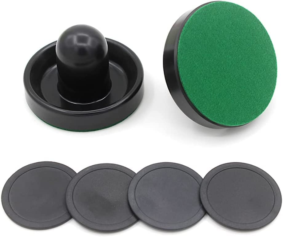 Air Hockey Pushers, 2 Pcs 60mm Air Hockey Table Felt Pusher with 4Pcs Red Pucks for Replacement Pucks Table Mallet Goalies for Game Table(Black)