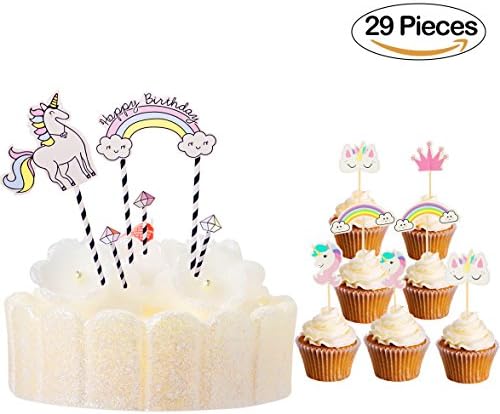 Onshine 29pcs Unicorn Cake Toppers Rainbow Unicorn Cupcake Topper Party Cake Decor