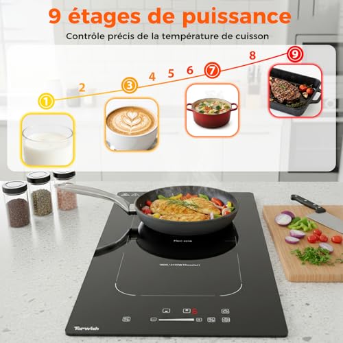 Topwish Induction hob with 2 burners, induction hob, flexible zones, built-in hob, 30 cm, with booster, 9 levels, timer, child safety, automatic switch-off, warm keep, 3500 W | Table de cuisson encastrable 30cm, avec Booster, 9 Niveaux, Minuterie, Sécurité Enfant, Arrêt automatique, Maintien au chaud