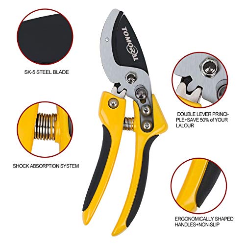 TOMORAL Professional SK-5 Steel Blade Anvil Pruning Shears(TM-PS-001), Cushion Shock Absorber Design, Ergonomically Design Handle.