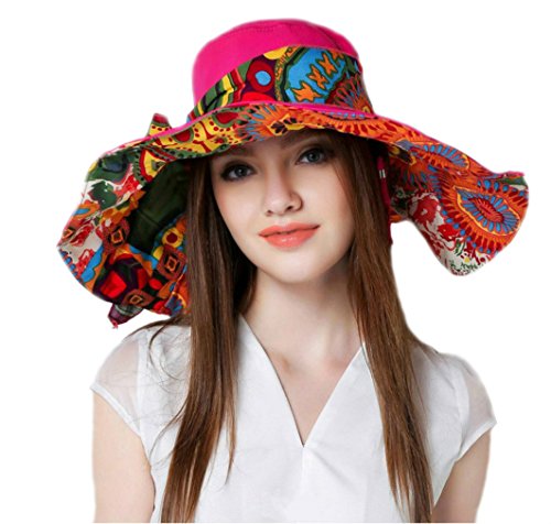 Packable Reversible Shapeable Extra Big Brim Floppy Sun Hat UPF 50+ Sun Protection Travel Beach Bucket Hat -Rose