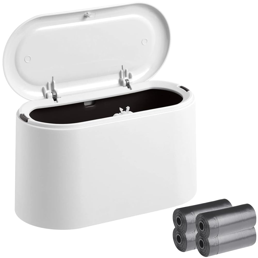 Desk Trash Can, Trash Can Desk Bin with Lid with 4 Rolls of Trash Bags Portable Trash Cans Mini Trash Cans with Lid for Room Kitchen Bedroom Bathroom Office White
