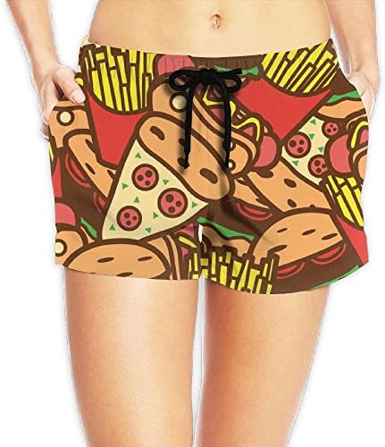 Hamburger French Fries Ice Cream Pizza Women Color Fashion Surf Swim Trunk Pants Pocket