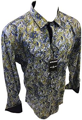 Men's Barabas El Chapo Designer Woven Dress Shirt Green Multicolor Paisley Design Button Up Classic Fit 4316 (2XL)