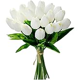 LWKuh-GFS 20 Pcs White Tulips Artificial Flowers 13.5" PU Real Touch with Faux Mix Tulip Bulbs Silk Bouquet for Mother's Day Wedding Easter Kitchen Decor