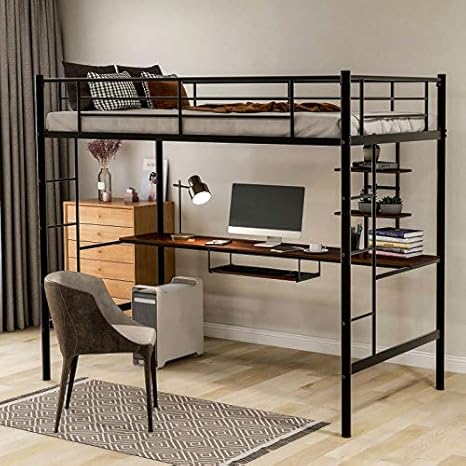 Amazon Com Metal Loft Bed Twin Size With Desk Loft Bed Full Length Guardrail No Box Spring Needed Black Kitchen Dining