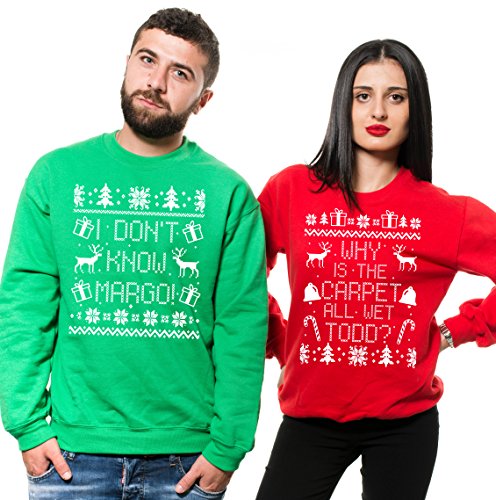 Silk Road Tees Christmas party Funny Movie Qoute Fleece Sweaters Why is The carpet all wet todd I don't know margo Green Red Fleece Men Large - Women Medium