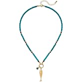 MYCUTEY Gold Fish Necklace For Women Blued Beaded Strand Toggle Necklace With Gold Fish Pendants Dainty Summer Beach Turquoise Jewelry