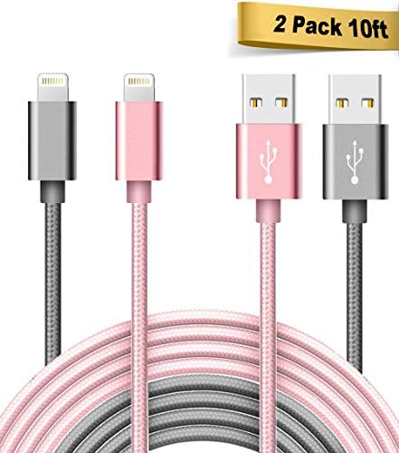 Haibao iPhone charger, 2 pack Nylon Braided Lightning USB Sync and Charging Cable for iPhone 8/8 Plus/7/7 Plus/6s/6s Plus/6/6 Plus/5/5S/5C/SE/iPad and iPod-Rose Gold + Grey(10 ft)