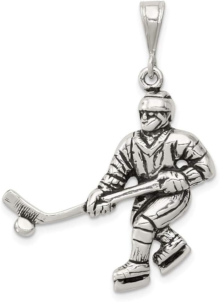 925 Sterling Silver Hockey Player Pendant Charm Necklace
