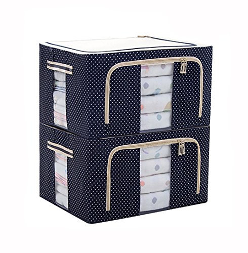JJMG Stackable Storage Box Polka Dots Oxford Cloth Steel Frame Shelf Quilt Clothing Blanket Pillow Shoe Holder Container Organizer See-through Window double zipper Folding - Dark Blue (2 pack x 66L)
