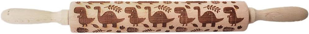 YOU339 Laser Embossing Wooden Rolling Pin Engraved Carved Printed Stick Roller Kitchen Tool for Dough Cookies Embossed Baking, Dinosaur Type