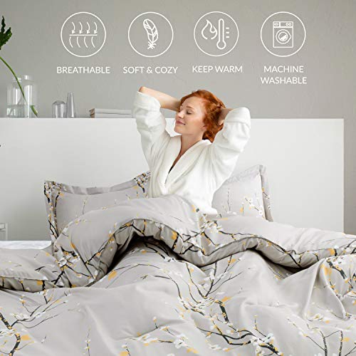 Bedsure Comforter Set King Size - Down Alternative Comforter, Microfiber Duvet Sets - 3-Piece (1 Comforter + 2 Pillow Shams), Plum Blossom Pattern, Grey - Thumbnail 6