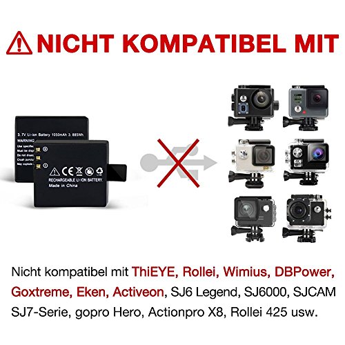 2 x 1050MAH Rechargeable Action Camera Battery(2Pack) and USB Dual Battery Charger for AKASO