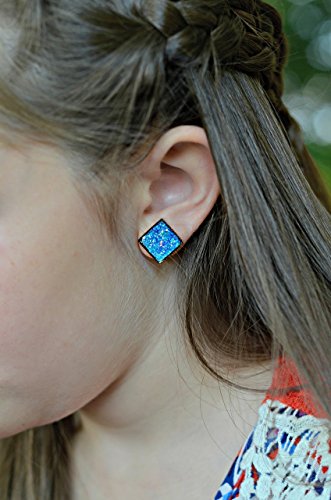 Blue Geometric Square Shaped Flat Faux Druzy Stud Earrings 12mm Statement Antiqued Gold-tone