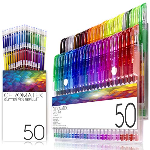 Glitter-Pens-100-Set-by-Chromatek-Best-Colors-200-The-Ink-50-Gel-Pens-50-Refills-Super-Glittery-Ultra-Vivid-Colors-No-Repeats-Professional-Art-Pens-New-Improved-Perfect-Gift-