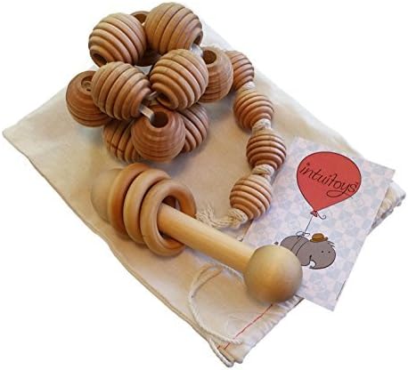 Intuitoys Montessori Inspired All Natural Wooden Baby Rattle Variety Set of 3 Rattles (Handmade in Usa) by Intuitoys
