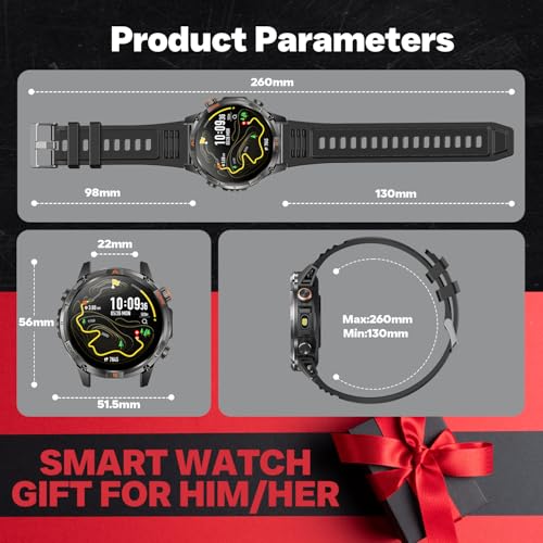 GPS Smartwatch Men's Watch with Calls: 1.46 Inches Large Round Screen Military Smart Watch Fitness Sport Compass Flashlight Heart Rate Monitor Pressure Sleep Waterproof Health Watches for Android iOS