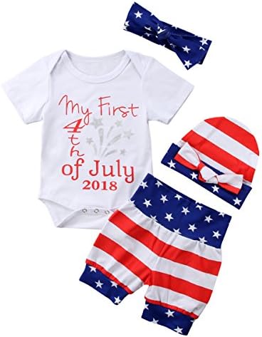 gllive Baby Girls Clothes Miracles Romper Outfit Pants Set +Hat+Headband Summer Spring Winter (0-6 Months, White Independence Day)