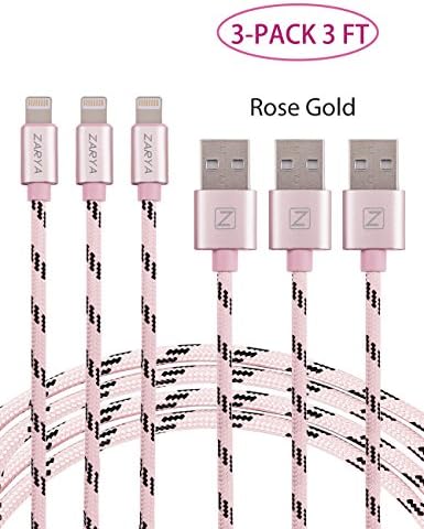 Lightning Cable, Zarya 3 Pack 3 FT Nylon Braided 8 Pin USB Charging Cable Cord with Aluminum Connector for iPhone 7/7 plus/6/6s/6 plus/6s plus, 5c/5s/5, iPad Pro/Air/Mini, iPod Nano/Touch (Rose Gold)